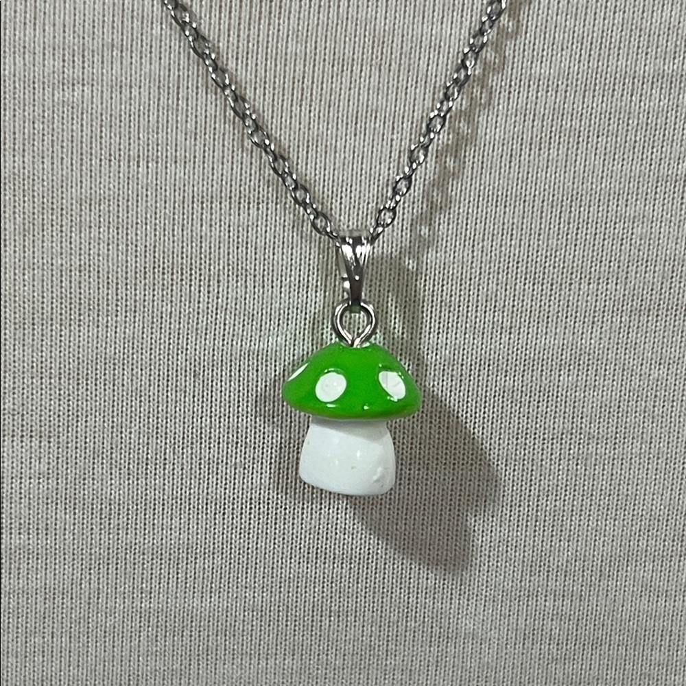 Green and Silver Mushroom Pendant Necklace